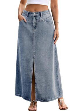 Women's Blue A line Slit Skirt Stretch High Waisted Maxi Jean Skirt with Pocket